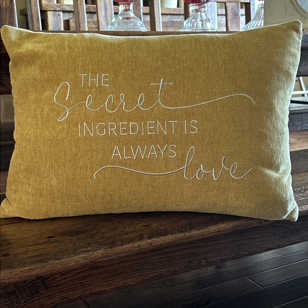 Rodeo Home Secret Ingredient..Love Zipper Feather Pillow Gold wSilver Embroidery